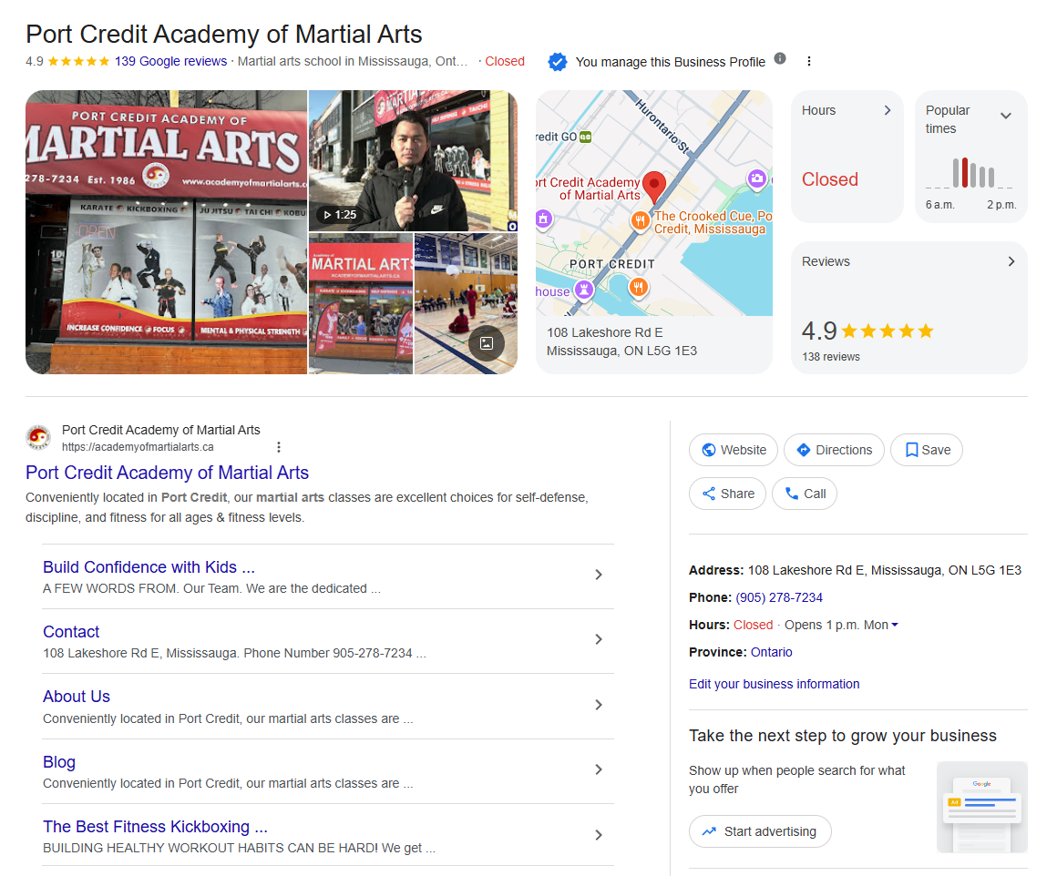 Veuze Media SEO results for martial arts schools